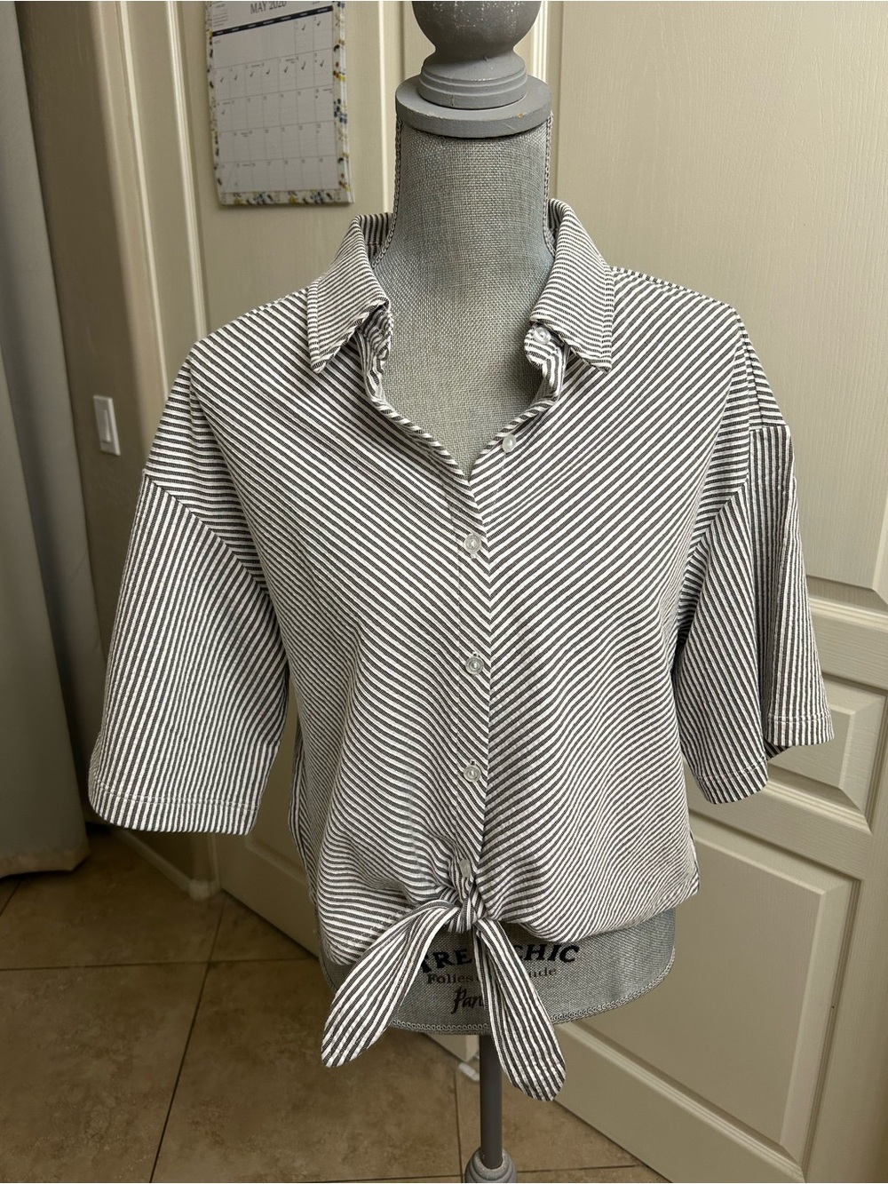 Striped Tie-Front Button-Down Shirt - Black & White
